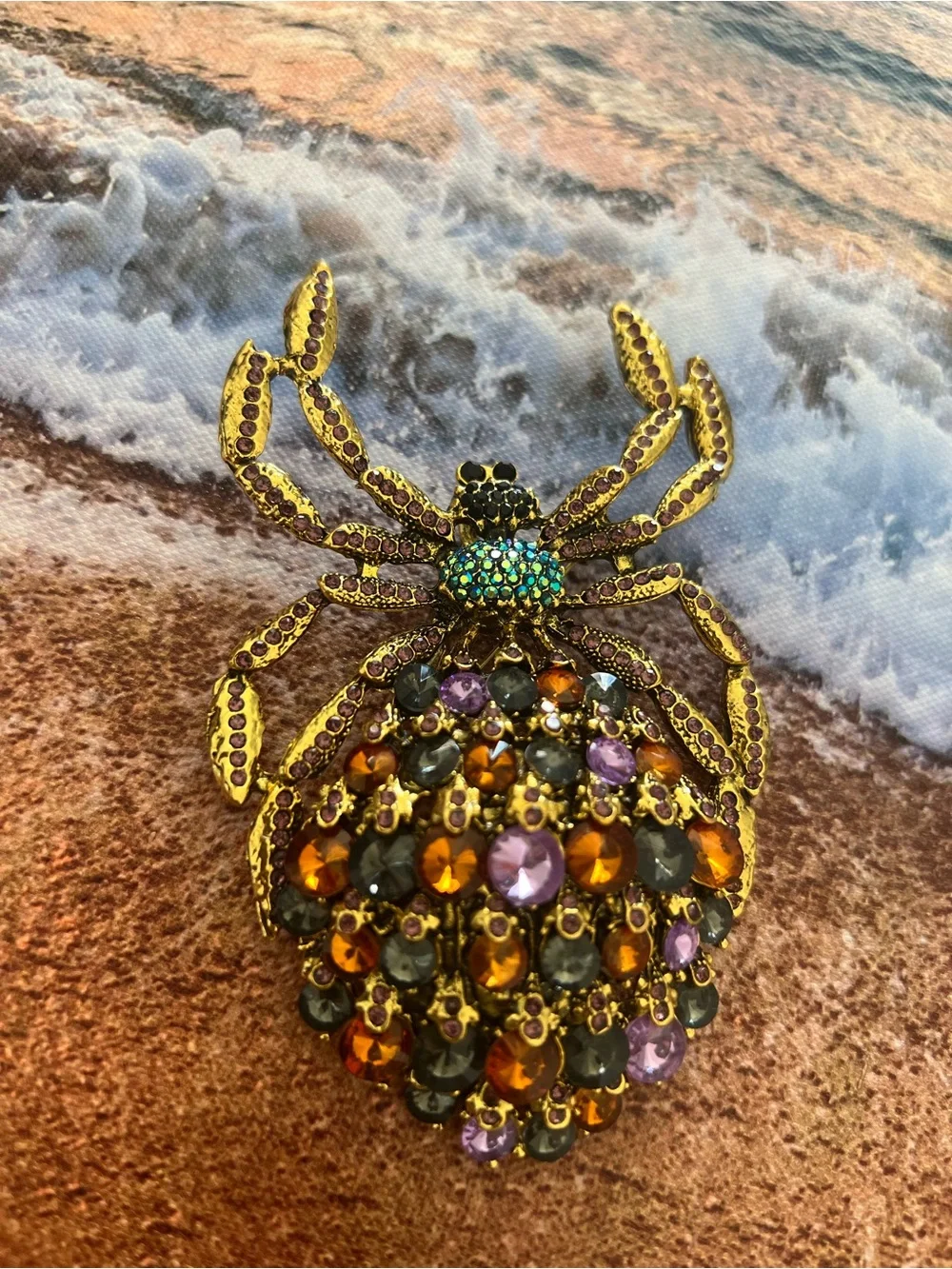 Gold-Tone Crystal Spider Brooch with Amber, Black and Purple Stones